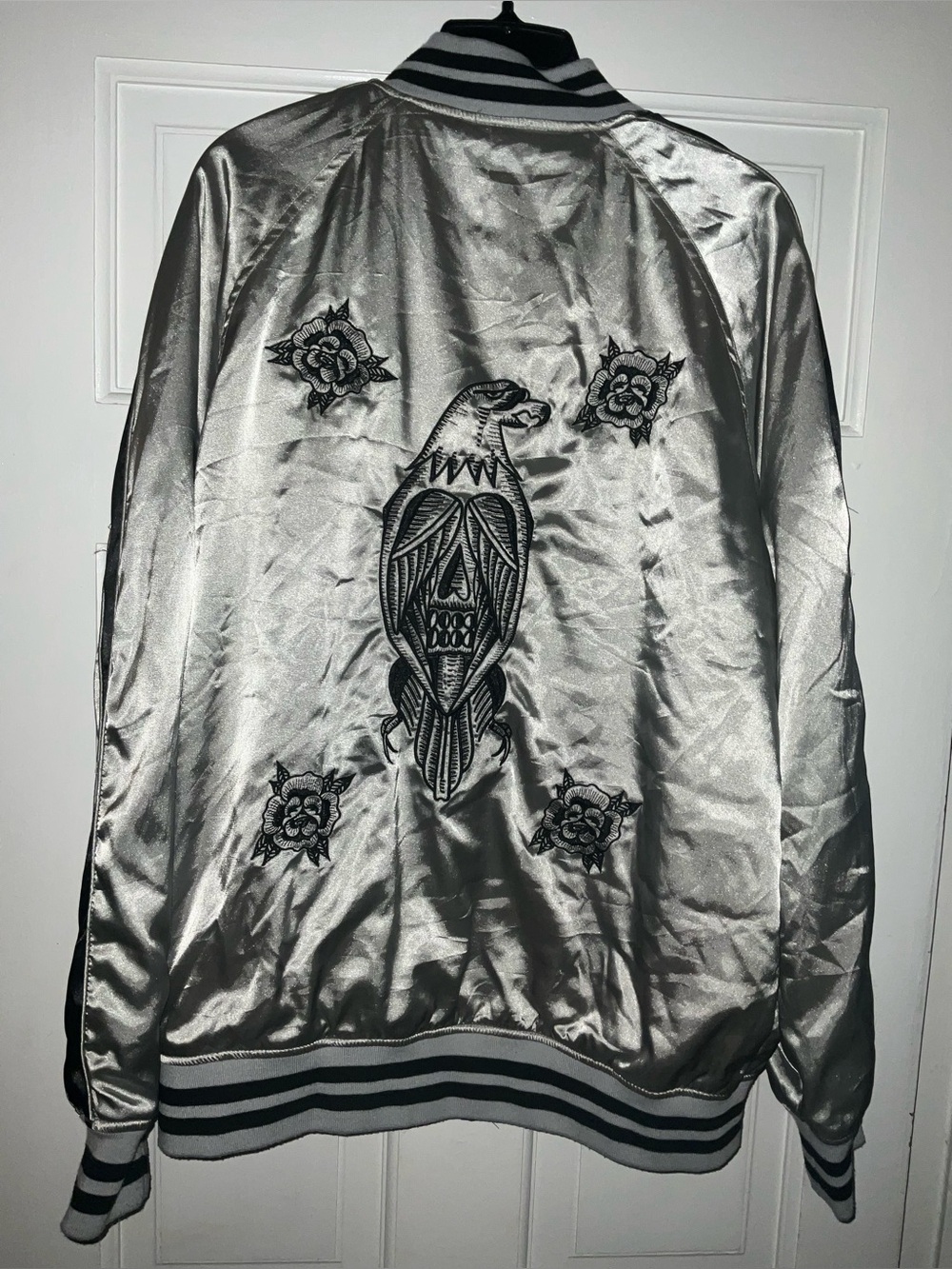 Pac Sun Men's Silver Satin Embroidered Bomber Jacket - Black Detailing